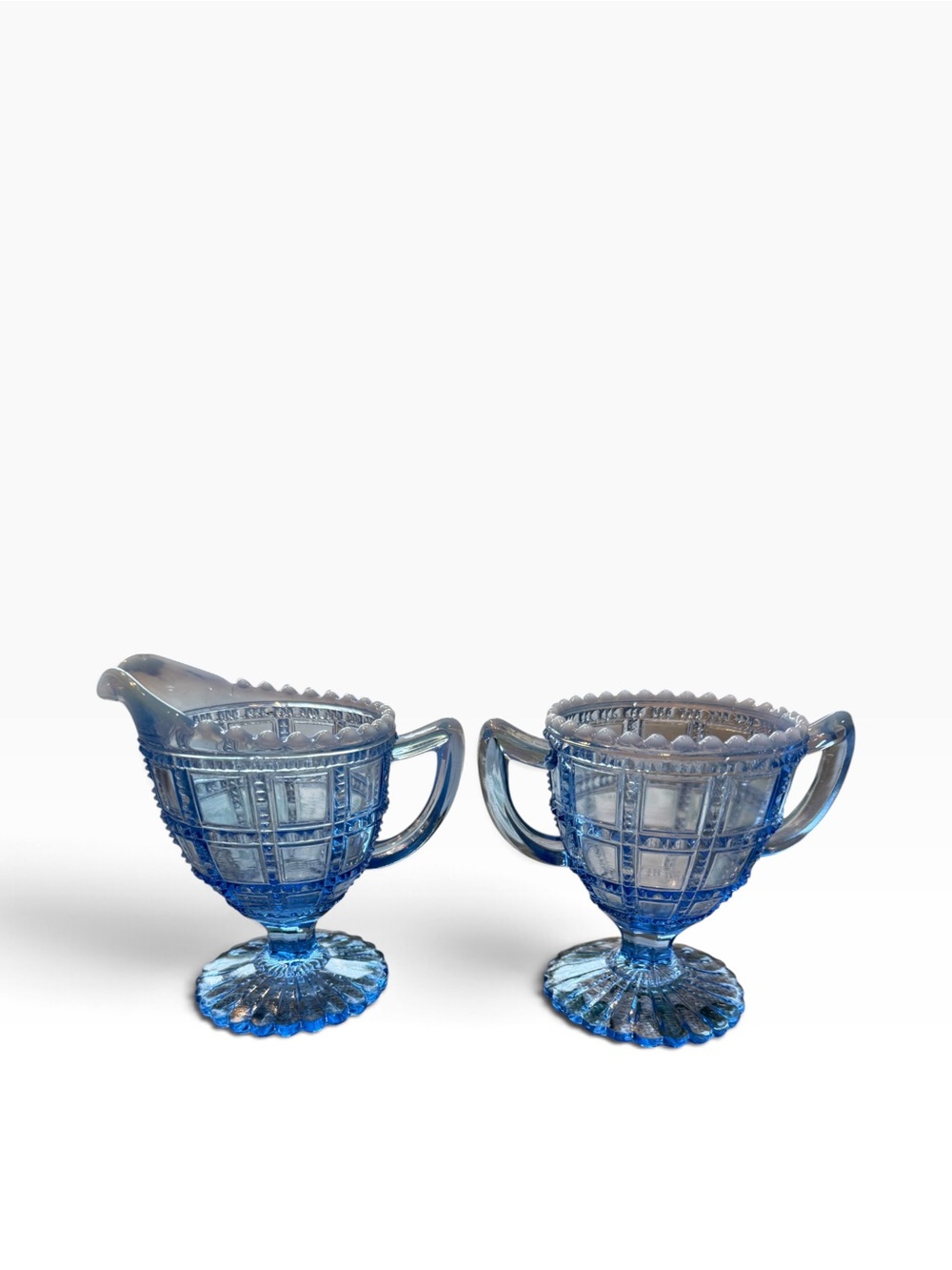 Vintage Imperial Glass Blue Opalescent
Creamer and Sugar Set in the Beaded Block